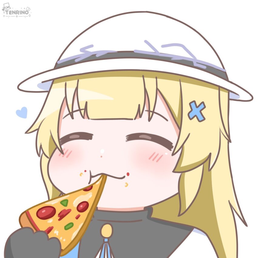 1girl artist_logo artist_name black_collar black_gloves blonde_hair closed_eyes collar commentary eating food gloves hair_ornament hat highres logo long_hair phoebe_(wuthering_waves) pizza portrait simple_background solo symbol-only_commentary tenrino white_background white_hat wuthering_waves x_hair_ornament