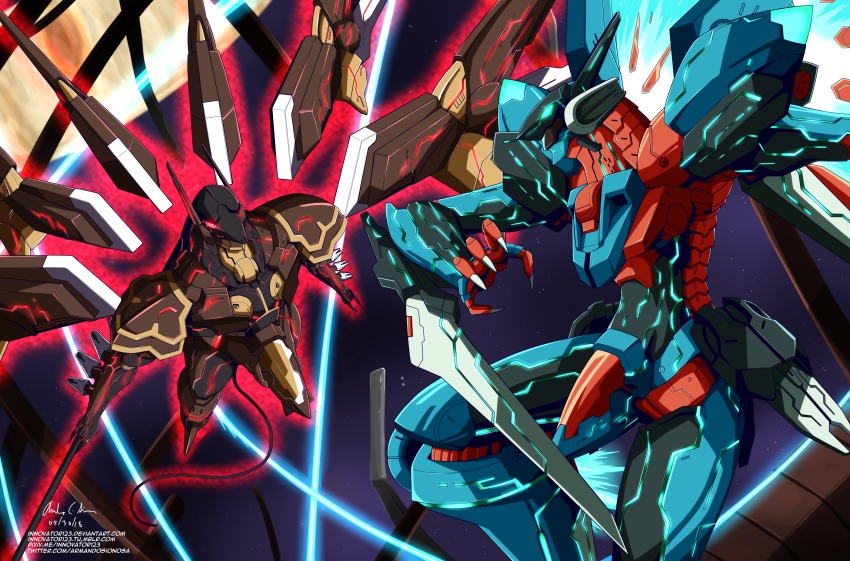 absurdres anubis_(z.o.e.) arm_blade bodysuit fin_funnels funnels_(gundam) glowing glowing_eyes green_eyes highres innovator123 jehuty lance mecha mechanical_wings neon_trim no_humans orbital_frame_(zone_of_the_enders) polearm power_connection red_eyes robot robot_ears space spear staff tail weapon wings zone_of_the_enders zone_of_the_enders_2