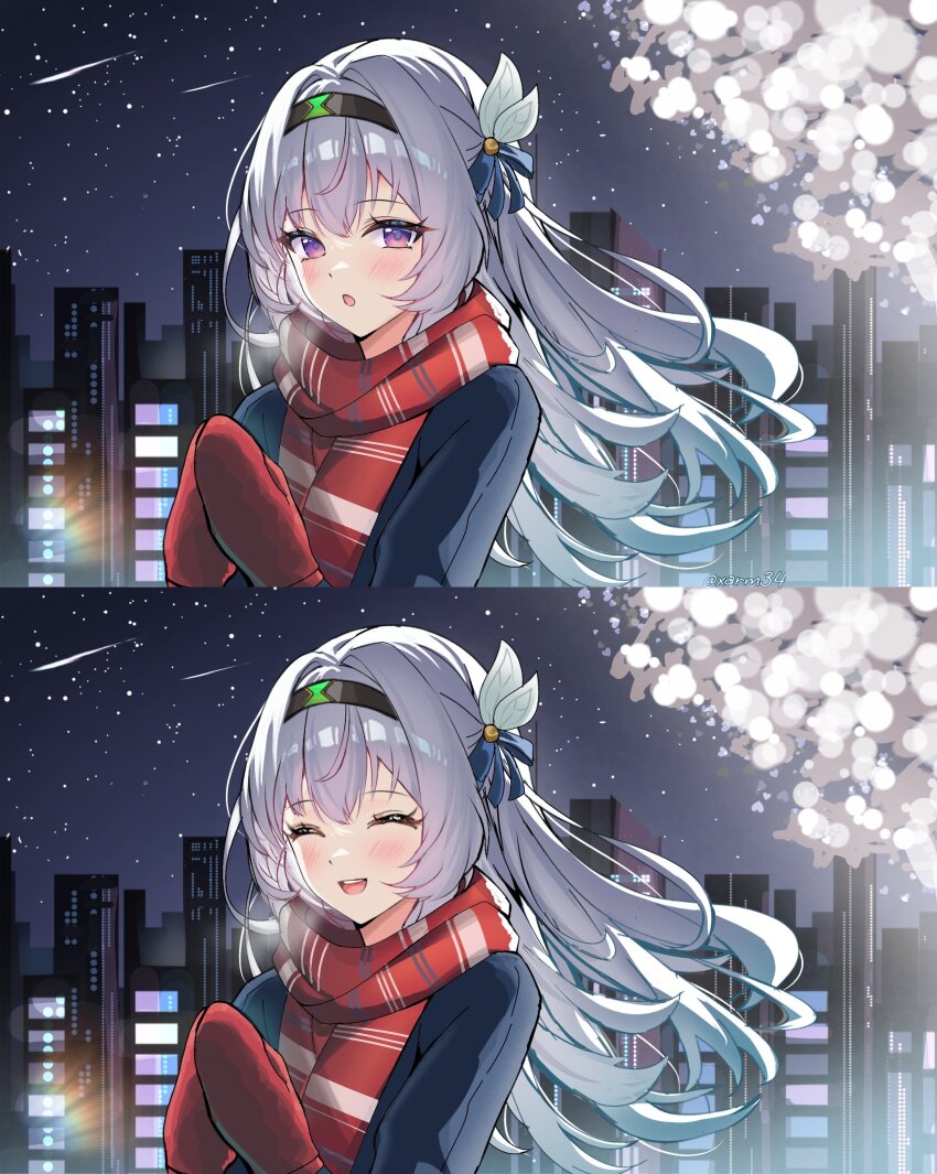 1girl :o absurdres black_hairband building city city_lights cityscape closed_eyes devl_ga_aru firefly_(honkai:_star_rail) gloves grey_hair hair_between_eyes hair_intakes hair_ornament hair_ribbon hairband highres honkai:_star_rail honkai_(series) night night_sky open_mouth own_hands_together red_gloves red_scarf ribbon scarf shooting_star sky smile star_(sky) starry_sky winter