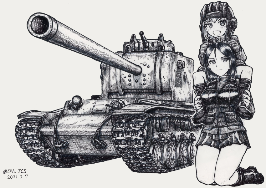 2girls boots carrying closed_mouth commentary dated emblem fang frown girls_und_panzer gloves greyscale hands_on_another&#039;s_head helmet highres jacket jumpsuit katyusha_(girls_und_panzer) kneeling kv-4 long_hair long_sleeves looking_at_viewer military_uniform military_vehicle miniskirt monochrome motor_vehicle multiple_girls nonna_(girls_und_panzer) nspa_(spa-jcs) open_mouth pleated_skirt pravda_(emblem) pravda_military_uniform shirt short_hair short_jumpsuit shoulder_carry sketch skirt smile swept_bangs tank tank_helmet turtleneck twitter_username vest