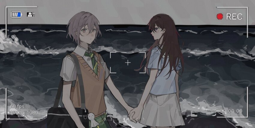 2girls bang_dream! bang_dream!_it&#039;s_mygo!!!!! battery_indicator blue_shirt brown_hair brown_sweater_vest commentary diagonal-striped_clothes diagonal-striped_necktie green_necktie green_skirt grey_hair hair_between_eyes hanasakigawa_school_uniform highres holding_hands linh_3l long_hair mole mole_under_eye multiple_girls necktie ocean pleated_skirt purple_eyes recording school_uniform shiina_taki shirt short_hair short_sleeves skirt striped_clothes sweater_vest symbol-only_commentary takamatsu_tomori teruterubouzu viewfinder white_shirt white_skirt yuri