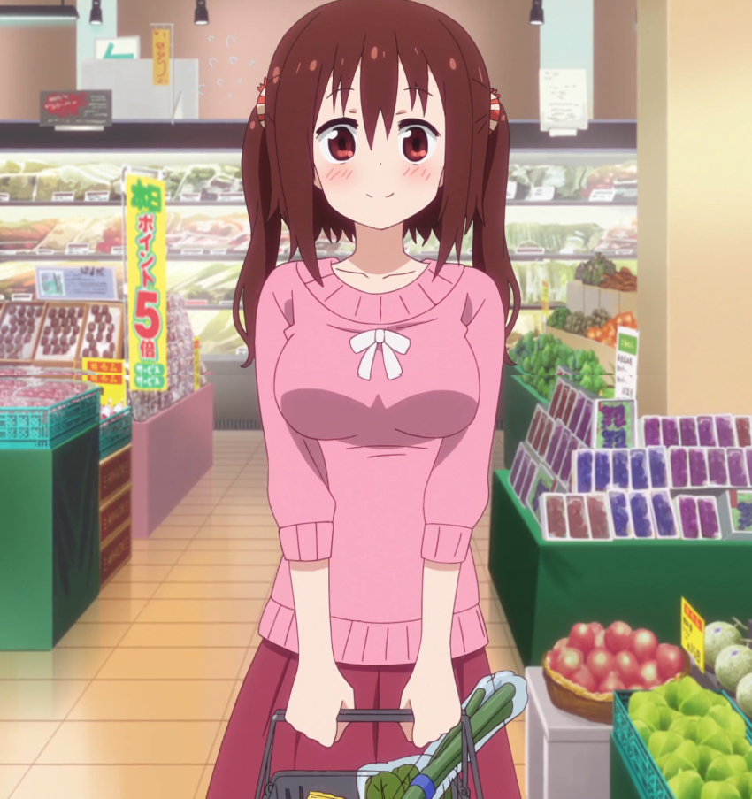 1girl breasts brown_eyes brown_hair closed_mouth collarbone dot_nose ebina_nana female_focus food fruit groceries hair_ornament highres himouto!_umaru-chan himouto!_umaru-chan_r holding indoors large_breasts long_sleeves looking_at_viewer melon smile solo standing stitched third-party_edit