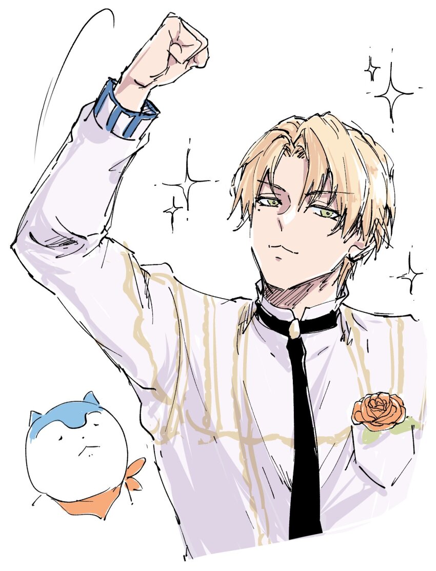 alfred_(fire_emblem) blonde_hair corsage fire_emblem fire_emblem_engage flower green_eyes highres looking_at_viewer nintendo orange_flower parted_hair prince shirt sommie_(fire_emblem) umi_(_oneinchswing) upper_body white_shirt
