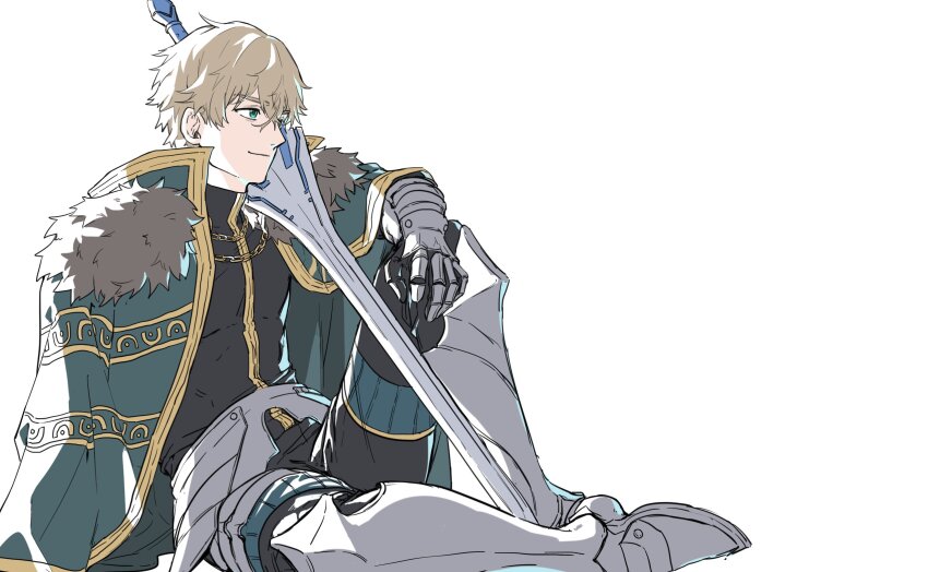 1boy armor blonde_hair blue_cape blue_eyes cape collared_cape excalibur_galatine_(fate) fate/extra fate/grand_order fate_(series) full_body fur-trimmed_cape fur_trim gauntlets gawain_(fate) greaves hair_between_eyes highres knight looking_ahead male_focus pectorals planted planted_sword planted_weapon potato_goril short_hair smile solo sword thick_eyebrows weapon