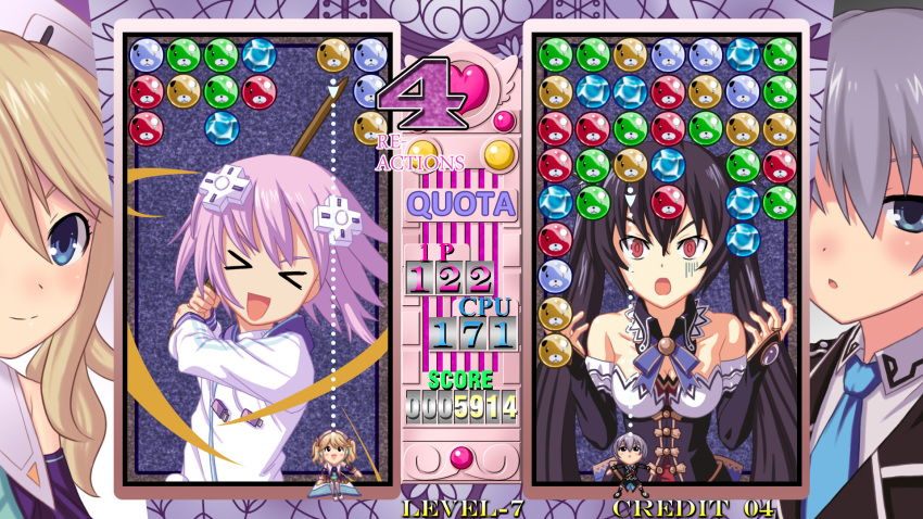 &gt;_&lt; 4girls :d &gt;_&lt; androgynous black_hair blonde_hair blue_eyes book breasts choujigen_game_neptune_mk2 cleavage closed_mouth d-pad data_east dogoo enmouno closed_eyes fake_screenshot female_focus grey_hair hair_ornament highres histoire hood hoodie jinguuji_kei long_hair magical_drop multiple_girls neptune_(neptunia) neptune_(series) noire_(neptunia) open_mouth parody purple_hair red_eyes short_hair smile surprised sword twintails weapon white_hair wide-eyed wooden_sword xd