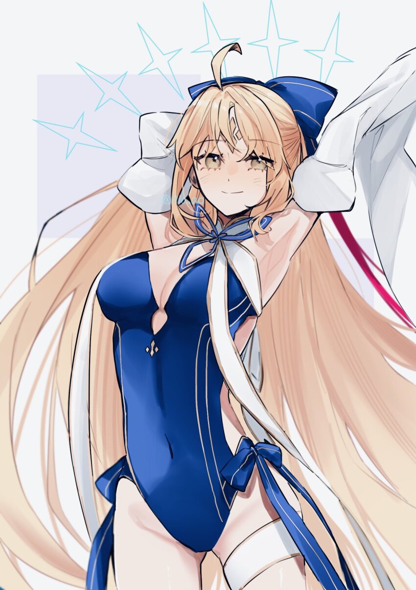 710_ao ahoge armpits artoria_caster_(fate) artoria_caster_(swimsuit_berserker)_(fate) artoria_caster_(swimsuit_berserker)_(third_ascension)_(fate) artoria_pendragon_(fate) bare_shoulders blue_one-piece_swimsuit bow breasts choker closed_mouth detached_sleeves fate/grand_order fate_(series) green_eyes hair_bow highres light_smile long_hair long_sleeves looking_at_viewer medium_breasts one-piece_swimsuit presenting_armpit ribbon simple_background smile star_(symbol) striped_clothes striped_one-piece_swimsuit swimsuit very_long_hair white_background wide_sleeves