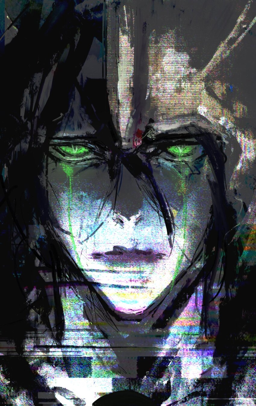 1boy arrancar black_hair bleach blood_on_hat blood_on_helmet colored_skin colored_tears crying expressionless facial_mark glitch glowing glowing_eyes green_eyes green_tears helmet highres kyezzzz looking_at_viewer male_focus portrait purple_lips slit_pupils solo streaming_tears tears ulquiorra_cifer white_skin