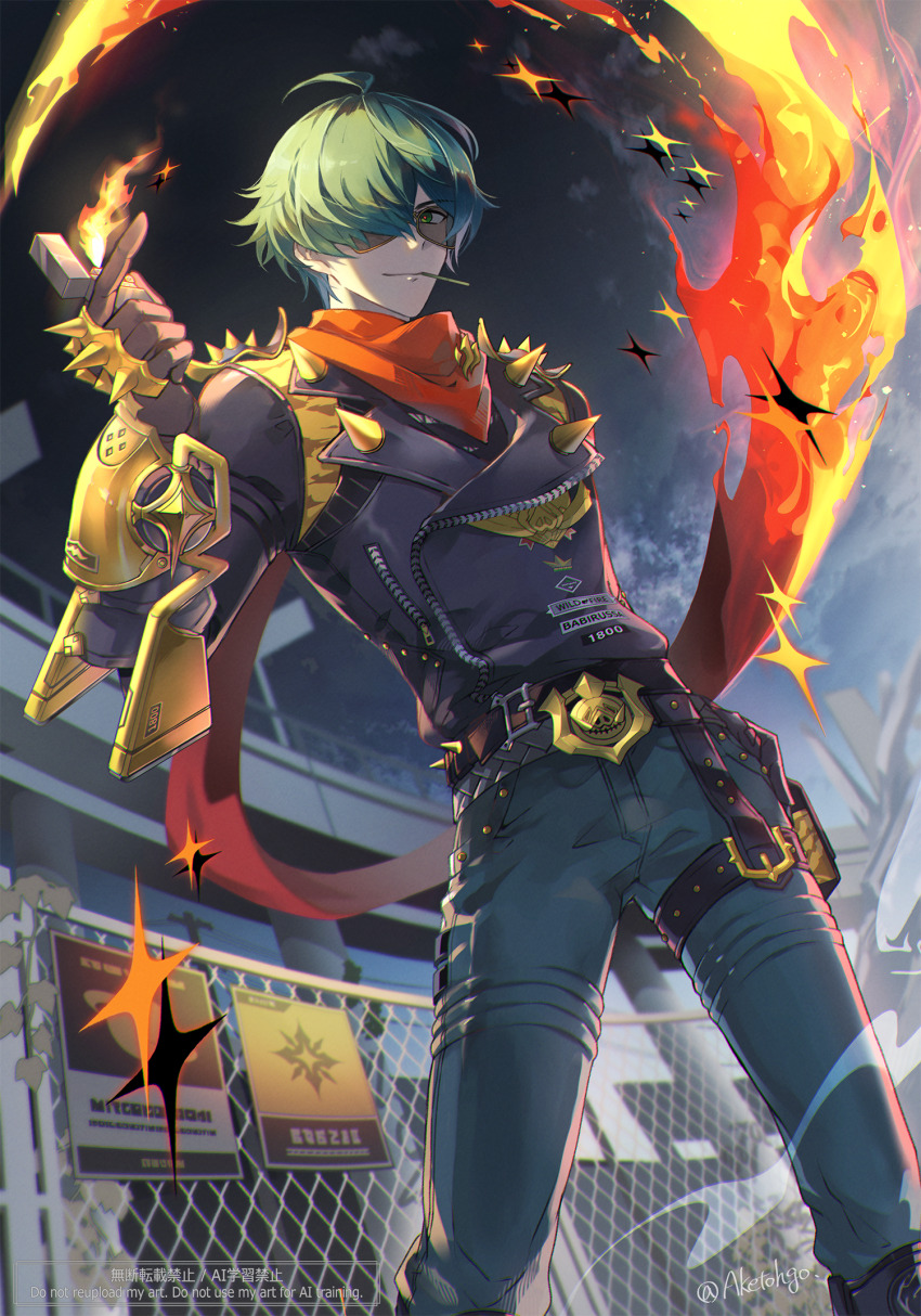 1boy ahoge aketohgo artist_name belt belt_buckle black_belt black_gloves black_jacket blue_pants buckle burning_clothes chain-link_fence closed_mouth cloud commentary_request fence gloves green_eyes green_hair hair_over_one_eye hand_on_own_hip hand_up highres holding holding_lighter jacket leather leather_jacket lighter lighter_(zenless_zone_zero) long_sleeves looking_at_viewer male_focus mouth_hold night night_sky one_eye_covered outdoors pants pouch red_scarf scarf short_hair shoulder_spikes sign sky smile solo spikes stadium standing sunglasses thigh_pouch thigh_strap toothpick twitter_username watermark zenless_zone_zero zipper_pull_tab