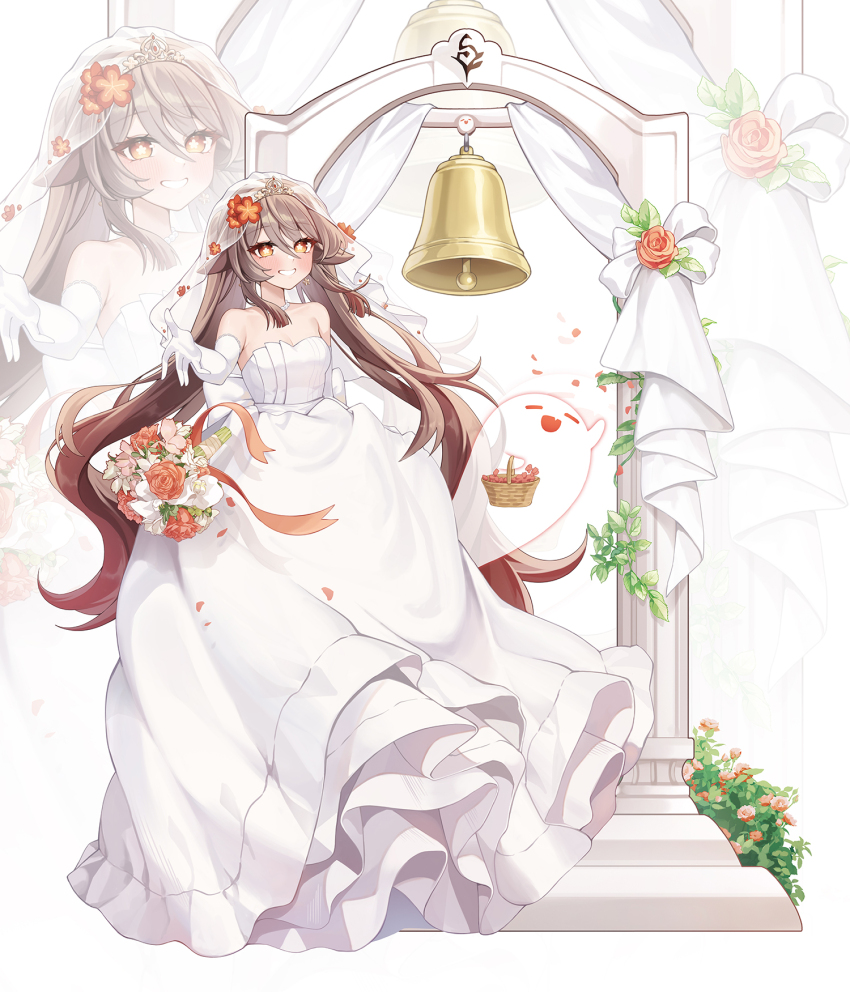 1girl bare_shoulders blush boo_tao_(genshin_impact) bouquet bow breasts brown_hair cleavage commentary_request dress elbow_gloves flower flower-shaped_pupils genshin_impact gloves gradient_hair grin gya_(144) hair_between_eyes highres hu_tao_(genshin_impact) long_hair looking_at_viewer medium_breasts multicolored_hair red_eyes red_flower red_hair smile strapless strapless_dress symbol-shaped_pupils twintails veil very_long_hair wedding_dress white_bow white_dress white_flower white_gloves white_veil zoom_layer