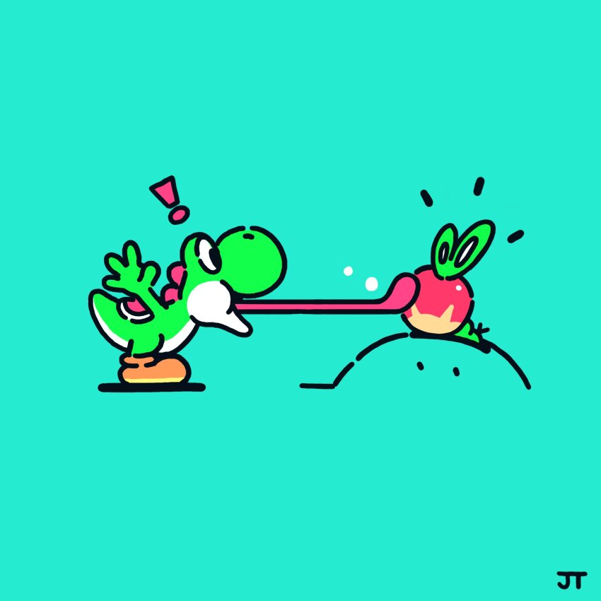 ! applin black_eyes boots brown_boots commentary crossover english_commentary from_side gen_8_pokemon green_background highres james_turner long_tongue looking_at_another mario_(series) nintendo no_humans notice_lines open_mouth pokemon pokemon_(creature) simple_background smile super_mario_world surprised tongue tongue_out yoshi