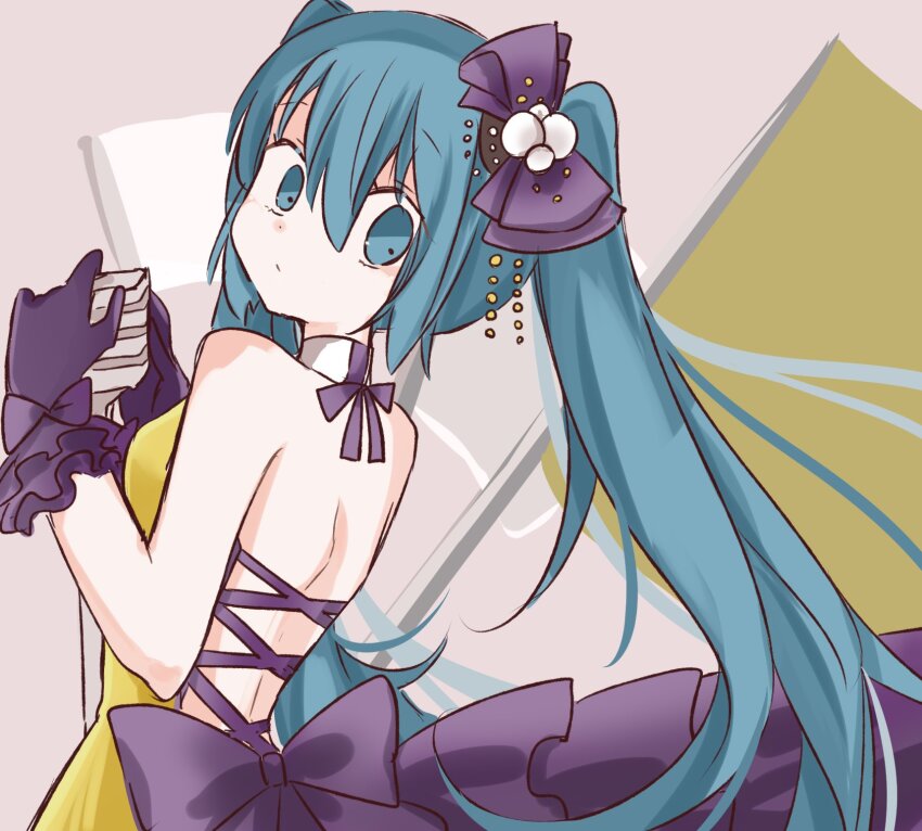 1girl backless_dress backless_outfit beads blue_eyes blue_hair bow commentary dress dress_bow flag from_behind gloves green_dress hair_beads hair_bow hair_ornament halter_dress halterneck hatsune_miku head_tilt highres holding holding_microphone kochira_koufuku_anshin_iinkai_desu_(vocaloid) long_hair looking_back microphone microphone_stand pearl_hair_ornament purple_bow purple_gloves shimashiro_itsuki hatsune_miku_(siren) sleeveless sleeveless_dress solo twintails upper_body very_long_hair vocaloid