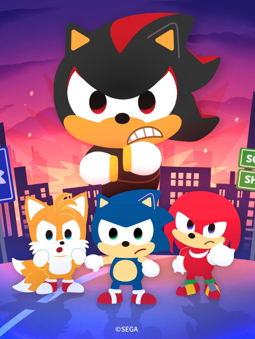 4boys absurdres angry aqua_eyes artist_request black_fur blue_fur chibi chibi_only city closed_mouth company_name copyright_notice crossed_arms english_text flower frown full_moon glove_cuffs gloves green_eyes highres knuckles_the_echidna looking_at_viewer moon multiple_boys multiple_tails no_lineart official_art open_mouth orange_tail pink_sky purple_eyes red_eyes red_flower red_fur second-party_source sega serious shadow shadow_the_hedgehog sky sonic_&amp;_friends sonic_(series) sonic_the_hedgehog sonic_the_hedgehog_official spiked_knuckles tail tails_(sonic) teeth two-tone_footwear two-tone_fur two-tone_tail two_tails upper_body white_footwear white_fur white_gloves white_tail