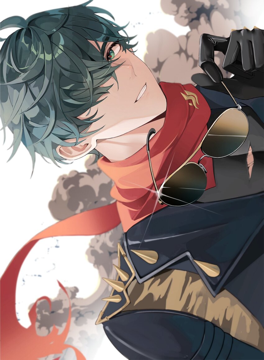 1boy black_gloves gloves green_eyes green_hair hair_over_one_eye highres holding holding_removed_eyewear jacket kim_leeyoon leather leather_jacket lighter_(zenless_zone_zero) male_focus red_scarf scarf shoulder_spikes smile spiked_jacket spikes sunglasses unworn_eyewear upper_body zenless_zone_zero