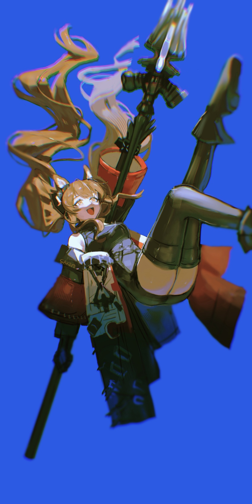 1girl :d absurdres angelina_(arknights) animal_ear_fluff animal_ears arknights arknights:_endfield artist_name bare_shoulders black_thighhighs blue_background bracelet breasts brown_hair chinese_commentary chromatic_aberration coat commentary_request dress floating_clothes floating_hair fold-over_boots foot_out_of_frame fox_ears fox_girl gilberta_(arknights) glint grey_dress headpiece highres holding holding_staff impossible_clothes impossible_dress infection_monitor_(arknights) jewelry long_hair long_sleeves medium_breasts off_shoulder open_mouth outstretched_arm red_coat sakiyo short_dress simple_background smile solo staff thighhighs thighs twintails wide_sleeves yellow_eyes zettai_ryouiki