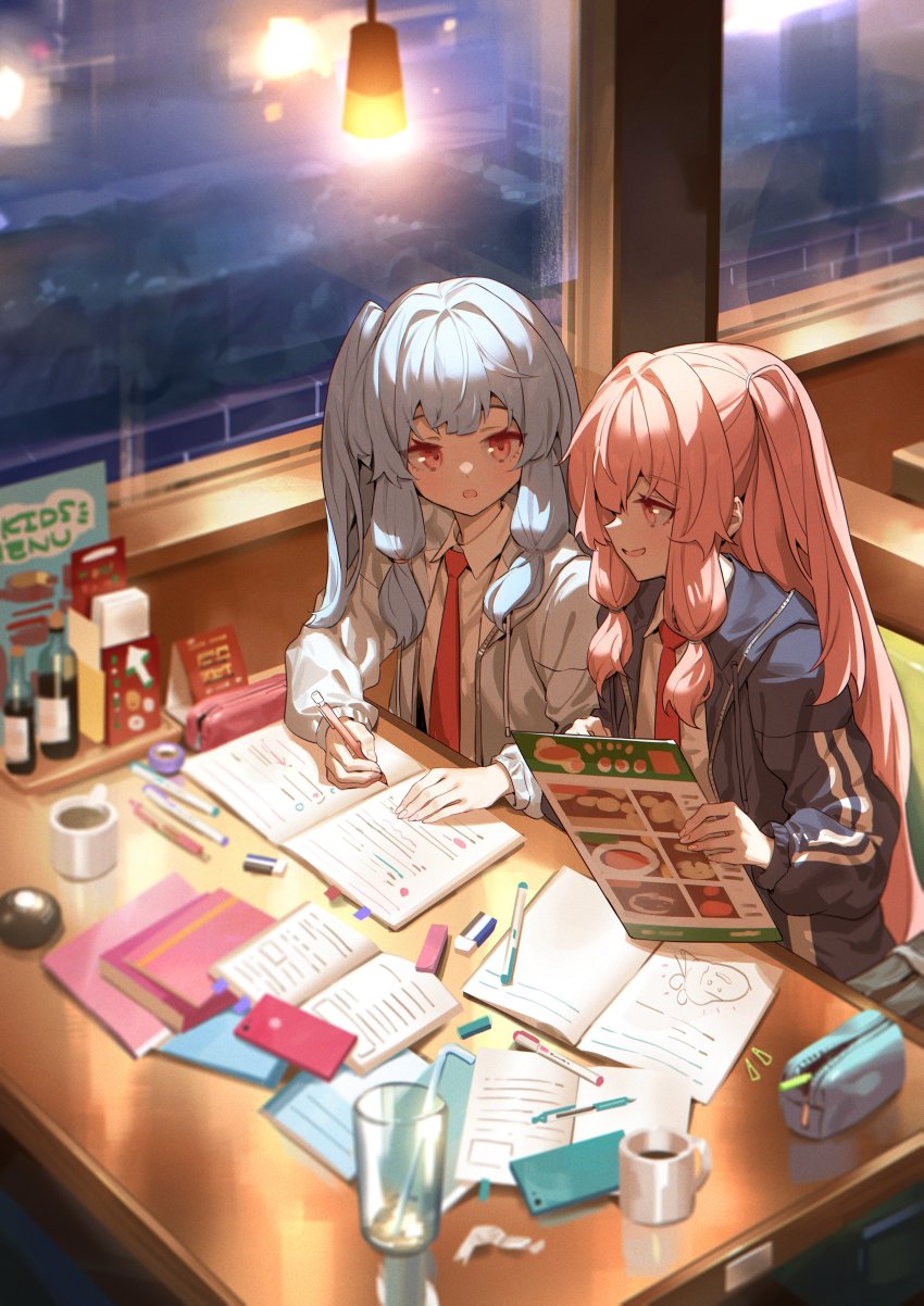 2girls absurdres bag bendy_straw black_jacket blue_hair book booth_seating bottle cellphone coffee_mug collared_shirt commentary cup diner drawstring drinking_glass drinking_straw eraser glass hair_intakes hanging_light highres holding holding_menu holding_pencil homework hood hood_down hooded_jacket indoors jacket kotonoha_akane kotonoha_aoi long_hair long_sleeves marker mechanical_pencil menu mug multiple_girls necktie night notebook one_side_up open_clothes open_jacket open_mouth pencil pencil_case phone pink_eyes pink_hair red_neckwear school_bag shirt siblings sidelocks sideways_mouth sisters sitting slice_of_life smartphone smile table unworn_bag very_long_hair voiceroid white_jacket white_shirt window yamamomo_(plank)