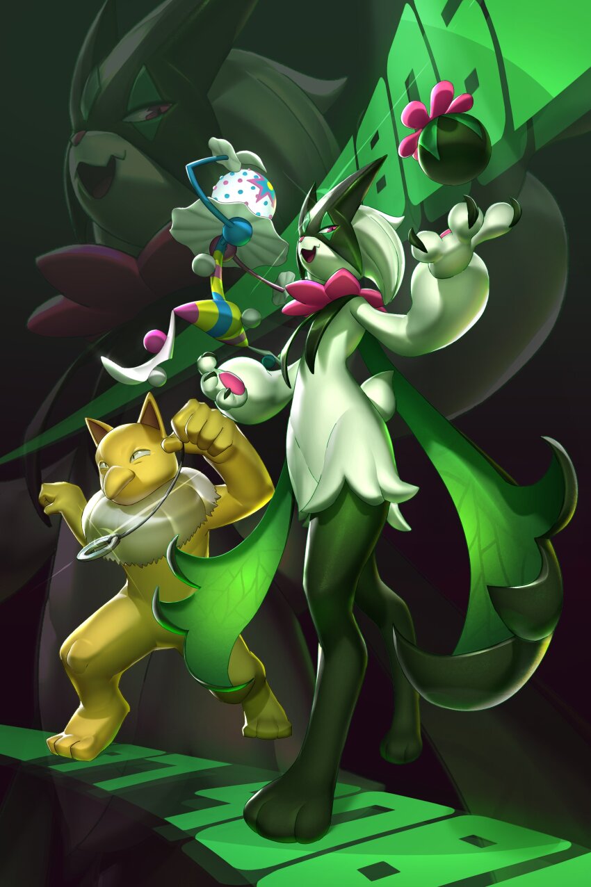 absurdres arm_up blacephalon bluegeyko claws commentary english_commentary faceless gen_1_pokemon gen_7_pokemon green_fur hand_on_own_face highres holding holding_pendulum hypno looking_to_the_side meowscarada neck_ruff nintendo open_mouth outstretched_arm pendulum pokemon pokemon_(creature) purple_eyes sideways_glance standing ultra_beast yellow_fur