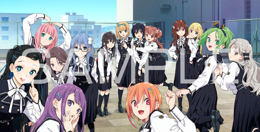 22/7 6+girls :d ahoge aqua_eyes aqua_hair arms_behind_back asymmetrical_bangs belt belt_buckle black-framed_eyewear black_belt black_bow black_dress black_hair black_pantyhose black_shoes black_socks blonde_hair blue_bow blue_eyes blue_hair blue_hairband blunt_bangs bow bow_hairband braid braided_hair_rings braided_ponytail brown_eyes brown_hair buckle buttons center-flap_bangs closed_mouth curtained_hair dark_blue_hair double-breasted dress emblem everyone fanged_bangs fujima_sakura green_eyes green_hair green_ribbon grey_eyes grey_hair hair_between_eyes hair_bow hair_ornament hair_ribbon hair_rings hairband hairclip half_updo hands_on_another&#039;s_shoulders hands_on_own_cheeks hands_on_own_face hands_on_own_hips heart_arms high_ponytail highres himuro_mizuki horiguchi_yukiko ichinose_hotaru index_finger_raised kamiki_mikami keisanchuu_new_costume kiryu_touko light_blue_hair loafers long_hair long_sleeves looking_at_viewer maruyama_akane mole mole_under_eye multicolored_hair multiple_girls nagamine_kaede neck_ribbon nishiura_sora official_art one_side_up open_mouth orange_hair orihara_sumika outdoors pantyhose parted_bangs pinafore_dress pink_bow pink_hair plaid_bow pleated_dress pom_pom_(clothes) pom_pom_hair_ornament ponytail purple_eyes purple_hair rectangular_eyewear red_ribbon ribbon rooftop saito_nicole sample_watermark semi-rimless_eyewear sera_honoka shirt shirt_under_dress shoes short_hair side_braid sidelocks single_braid single_hair_ring sleeveless sleeveless_dress smile socks standing tachikawa_ayaka takigawa_miu tile_floor tiles twin_braids two-tone_bow two-tone_hairband two_side_up under-rim_eyewear watermark wavy_hair white_bow white_ribbon white_shirt yagami_toa