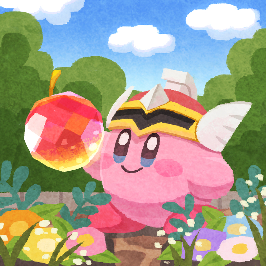 apple blue_eyes blue_flower blush_stickers bush closed_mouth flower food fruit gem gem_apple highres holding holding_gem kirby kirby_(series) miclot nintendo no_humans outdoors pink_shoes purple_flower shoes smile sword_hero team_kirby_clash_deluxe white_flower yellow_flower