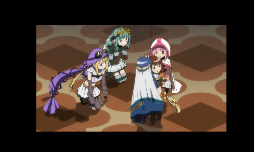 5girls anime_coloring armlet armor armored_boots artist_request bare_shoulders beads belt black-framed_eyewear black_boots black_border black_gloves black_shirt black_shorts blonde_hair blue_dress blue_hair blunt_bangs bodysuit boots border bow bow_skirt bracer breastplate brown_belt brown_eyes brown_gloves brown_hair brown_sandals chest_belt cloak closed_mouth crop_top cropped_shirt crown detached_hood dot_nose dress flower frilled_skirt frills from_behind full_body furrowed_brow futaba_sana game_cg gloves goggles goggles_on_headwear gold_crown green_eyes green_hair green_sweater green_theme grey_arm_warmers grey_boots grey_thighhighs hair_beads hair_between_eyes hair_flower hair_ornament hand_on_hand happy hood hood_up hooded_cloak indoors jewelry knee_boots knee_pads kneeling long_dress long_hair long_sleeves low_twintails magia_record:_mahou_shoujo_madoka_magica_gaiden magical_girl mahou_shoujo_madoka_magica midriff miniskirt mitsuki_felicia multiple_girls nanami_yachiyo navel no_horns official_art open_mouth orange_flower orange_shirt orange_skirt own_hands_together pauldrons pink_belt pink_eyes pink_hair pink_skirt purple_eyes purple_hood purple_shirt round_eyewear sad sandals scarf shirt short_sleeves shorts shorts_under_skirt shoulder_armor side_ponytail skirt skirt_set sleeveless sleeveless_dress smile star_(symbol) star_print sweater swept_bangs tamaki_iroha tareme thigh_boots thighhighs tile_floor tiles turtleneck turtleneck_shirt turtleneck_sweater twintails two-tone_shirt veil very_long_hair wavy_hair white_cloak white_scarf white_skirt white_veil yellow_bow yui_tsuruno