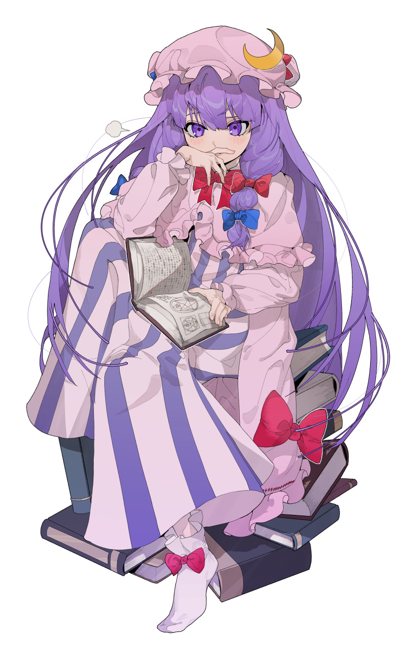 1girl absurdres blue_bow book book_on_lap bow bow_legwear bowtie capelet closed_mouth commentary covering_own_mouth crescent crescent_hat_ornament dress frilled_capelet frilled_robe frilled_sleeves frilled_socks frills full_body hair_bow hand_over_own_mouth hat hat_bow hat_ornament highres light_blush long_dress long_hair long_sleeves looking_at_viewer mob_cap multiple_hair_bows no_shoes open_book patchouli_knowledge pile_of_books pink_capelet pink_hat pink_robe puff_of_air purple_eyes red_bow red_bowtie robe shimiya_jin sidelocks simple_background sitting socks solo striped_clothes striped_dress touhou vertical-striped_clothes vertical-striped_dress very_long_hair white_background