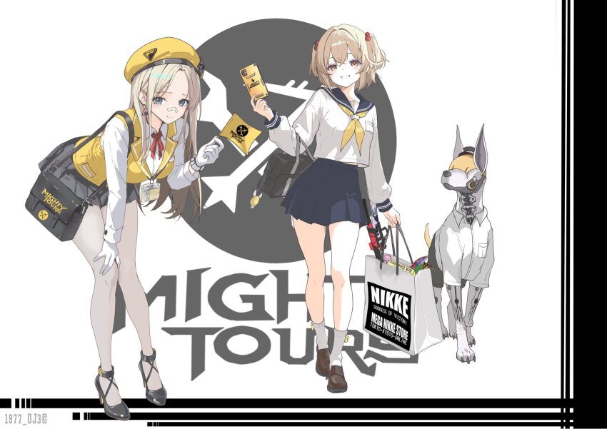 1977_oj3 2girls bag bandaid bandaid_on_face bandaid_on_nose beret black_shoes black_skirt blonde_hair blue_eyes blue_sailor_collar blue_skirt brown_shoes cellphone centi_(nikke) character_name collared_shirt earrings english_text flag full_body gloves goddess_of_victory:_nikke grin hair_bobbles hair_ornament hand_on_own_knee hat high_heels highres holding holding_bag holding_flag holding_phone id_card jewelry lanyard leaning_forward liter_(nikke) loafers logo long_hair long_sleeves looking_at_viewer mighty_tools_(nikke) multiple_girls neck_ribbon neckerchief non-humanoid_robot pantyhose parted_bangs phone pleated_skirt red_ribbon ribbon robot robot_animal robot_dog sailor_collar school_bag school_uniform serafuku shirt shoes shopping_bag short_hair shoulder_bag skirt smartphone smile socks standing twitter_username two_side_up vest volt_(nikke) watch white_background white_gloves white_pantyhose white_shirt white_socks yellow_eyes yellow_hat yellow_neckerchief yellow_vest