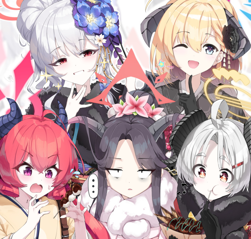 5girls absurdres akari_(blue_archive) akari_(new_year)_(blue_archive) black_hair blonde_hair blue_archive demon_girl demon_horns food grey_hair halo haruna_(blue_archive) haruna_(new_year)_(blue_archive) highres horns izumi_(blue_archive) izumi_(new_year)_(blue_archive) japanese_clothes junko_(blue_archive) junko_(new_year)_(blue_archive) kimono multiple_girls red_hair sunnysideup takoyaki upper_body