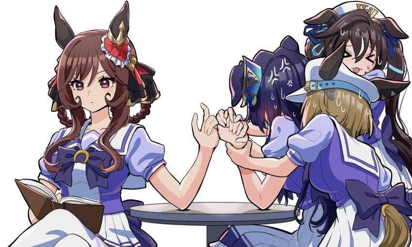&gt;_&lt; 4girls anger_vein animal_ears arm_wrestling beret blue_hair bored breasts brown_hair cheval_grand_(umamusume) collarbone commentary_request dark_blue_hair gentildonna_(umamusume) hair_ornament hair_rings hat horse_ears horse_girl long_hair medium_breasts multiple_girls nervous_sweating nieto_tokage open_mouth reading school_uniform siblings simple_background sisters sweat table twintails umamusume v_sisters verxina_(umamusume) vivlos_(umamusume) white_background