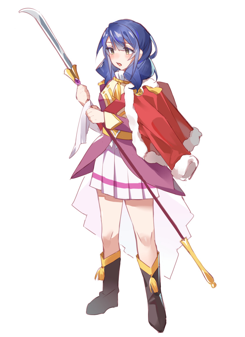 1girl absurdres black_boots blue_hair blunt_bangs blush boots full_body fumi_(fyvr2372) fur-trimmed_jacket fur_trim hanayagi_kaoruko hands_up highres holding holding_polearm holding_weapon jacket jacket_on_shoulders knee_boots long_sleeves looking_ahead medium_hair miniskirt naginata no_pupils parted_lips pink_jacket polearm red_jacket shoujo_kageki_revue_starlight simple_background single_stripe skirt solo standing striped_clothes striped_skirt tassel transparent_background waist_cape weapon white_skirt yellow_eyes