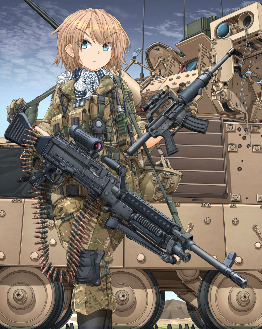 1girl 7.62x51mm_nato absurdres american_flag ammunition ammunition_belt anti-tank_guided_missile anti-tank_missile assault_rifle autocannon bgm-71_tow black_boots blonde_hair blue_eyes blue_sky body_armor boots brown_bandana brown_gloves brown_jacket brown_pants camouflage camouflage_jacket camouflage_pants cannon chain_gun closed_mouth combat_boots commentary commentary_request day english_commentary english_text frown fully_powered_cartridge gloves gun harness highres holding holding_gun holding_weapon infantry_fighting_vehicle jacket knee_pads lmg_cartridge m13_link m240 m242_bushmaster m2_bradley m4_carbine machine_gun mikeran_(mikelan) military military_cartridge military_combat_uniform military_uniform military_vehicle missile missile_launcher mixed-language_commentary motor_vehicle mountainous_horizon original outdoors pants precision-guided_munition rifle rifle_cartridge scope short_hair short_sleeves sky sleeves_rolled_up solo surface-to-surface_missile tank thigh_strap turret walkie-talkie weapon wire-guided_missile