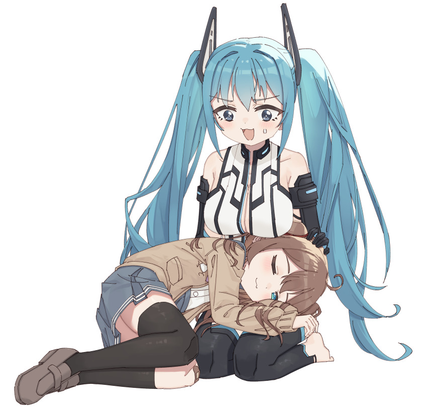 2girls :3 :d absurdres ahoge asymmetrical_legwear bandaid bandaid_on_knee bandaid_on_leg bare_shoulders barefoot black_gloves black_socks black_thighhighs blue_eyes blue_hair blue_sailor_collar blue_skirt blush breasts brown_footwear cardigan center_opening chinese_commentary cleavage commentary detached_leggings dress elbow_gloves english_commentary feigning_sleep flustered gloves hair_ornament half-closed_eye hand_on_another&#039;s_head headpat highres indie_virtual_youtuber kneehighs lap_pillow large_breasts light_brown_hair live2d_inc. loafers long_hair mixed-language_commentary miyune_bun momose_hiyori multiple_girls neuro-sama one_eye_closed open_mouth pleated_skirt rune_(dualhart) sailor_collar school_uniform seiza serafuku shoes single_kneehigh single_sock single_thighhigh sitting skirt smile smug socks sweatdrop thighhighs transparent_background twintails two_side_up uneven_legwear v-shaped_eyebrows very_long_hair virtual_youtuber white_dress white_serafuku yellow_cardigan yuri