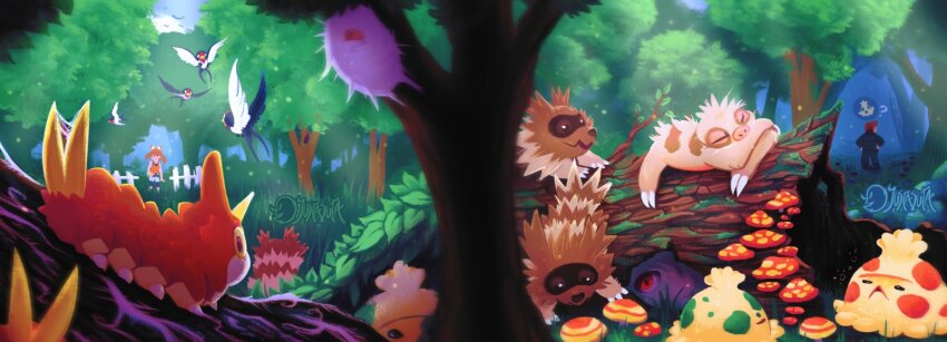 1boy 1girl ? bike_shorts bike_shorts_under_shorts blurry brown_eyes brown_hair cascoon commentary day fallen_tree fence gen_3_pokemon grass hands_on_own_hips highres justasuta leaf looking_down may_(pokemon) moss mushroom nintendo outdoors pokemon pokemon_oras shirt shorts shroomish slakoth sleeveless sleeveless_shirt standing taillow tree white_shorts wurmple zigzagoon