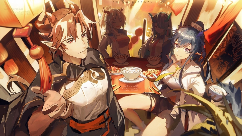 1boy 3girls :d arknights arm_up bandeau black_cape black_hair blue_hair bowl brother_and_sister brown_hair cape chinese_clothes chinese_commentary chongyue_(arknights) closed_eyes closed_mouth commentary_request dragon_boy dragon_girl dragon_horns dusk_(arknights) food grey_eyes grey_hair hair_over_one_eye highres holding holding_bowl horns jacket lantern ling_(arknights) long_hair long_sleeves multiple_girls necktie nian_(arknights) niarss one_eye_covered open_clothes open_jacket open_mouth orange_bandeau pixiv_id plate pointy_ears reaching reaching_towards_viewer red_eyes red_necktie shirt short_hair siblings sisters sitting sketch smile standing strapless table tassel twitter_username watermark white_bandeau white_jacket white_shirt