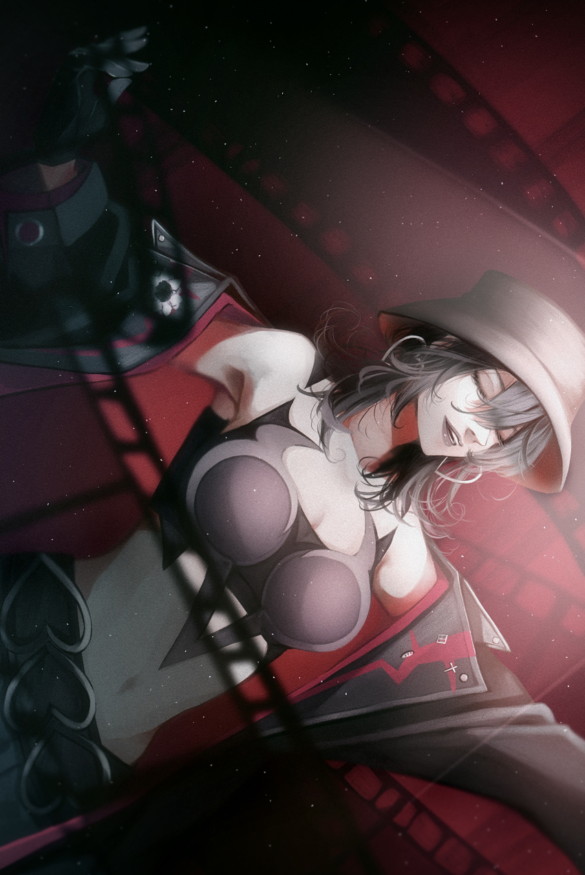 1girl absurdres bare_shoulders black_gloves black_hair black_hat black_jacket black_tube_top breasts cleavage closed_eyes commentary_request deren_(path_to_nowhere) earrings film_reel gloves grey_lips hat heart heart_belt heart_earrings heart_top highres hoop_earrings jacket jewelry light_particles midriff nakai111 navel open_clothes open_jacket open_mouth outstretched_arms path_to_nowhere red_background single_off_shoulder smile solo spotlight strapless tube_top two-sided_fabric two-sided_jacket upper_body