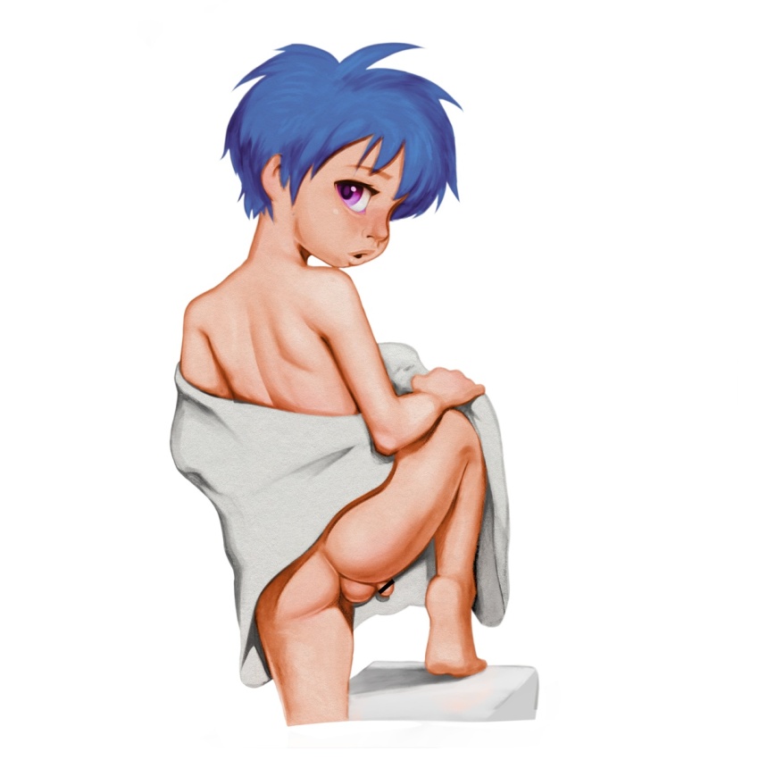 1boy ass bar_censor barefoot blue_hair blush censored fanbox_reward flaccid highres knee_up leg_up looking_at_viewer looking_back looking_over_shoulder lunaflame male_focus open_mouth original paid_reward paid_reward_available penis penis_peek purple_eyes seductive_gaze shota solo solo_focus testicles towel towel_around_waist variant_set white_background