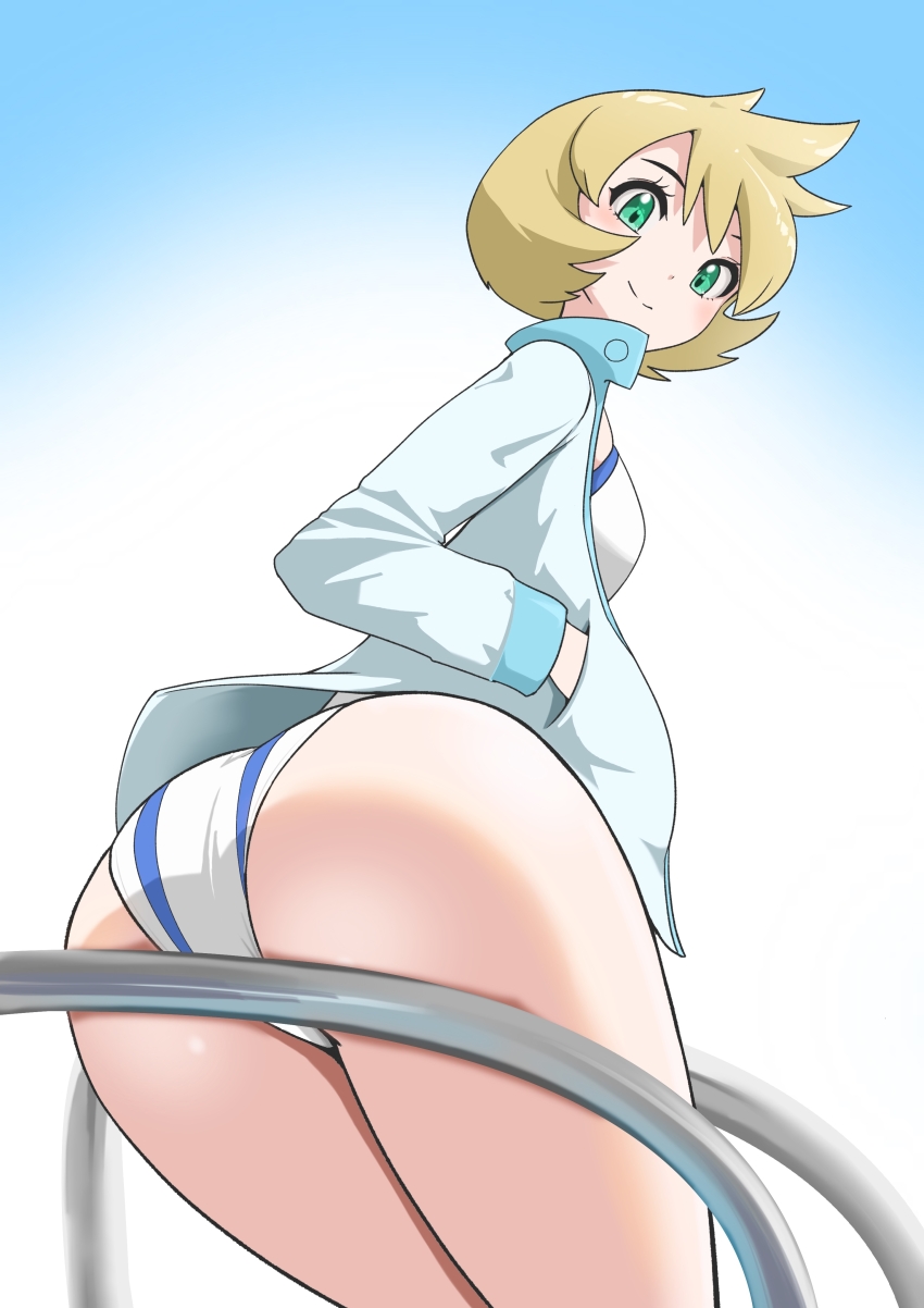 1girl ass blonde_hair blush breasts closed_mouth competition_swimsuit eyelashes female_focus from_behind green_eyes gym_leader hand_in_pocket hands_in_pockets highres jacket legs long_sleeves looking_at_viewer looking_back looking_down microsd_(pibo) misty_(pokemon) nintendo one-piece_swimsuit open_clothes open_jacket orange_hair pokemon pokemon_hgss shirt short_hair sitting smile solo standing swimsuit swimsuit_under_clothes thighs white_jacket white_one-piece_swimsuit
