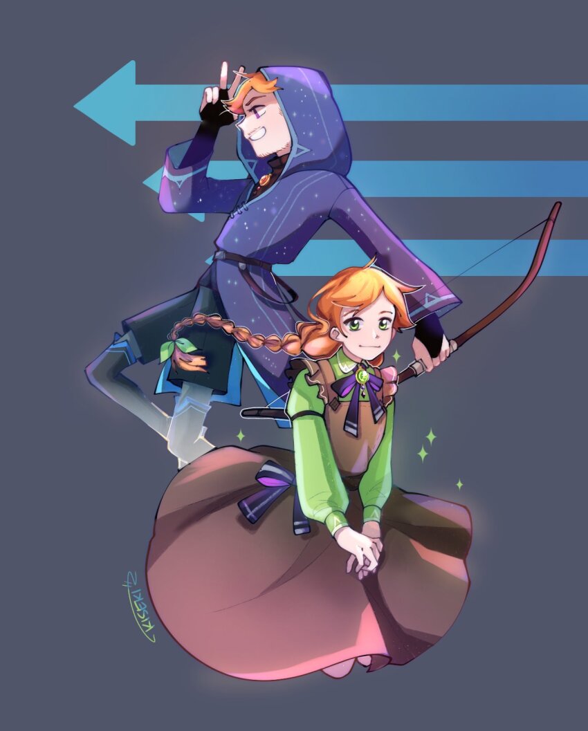 1boy 1girl abstract_background afterlife_smp animification bow bow_(weapon) braid dress fwhip fwhip_(illusioner) gem geminitay geminitay_(forestborn) green_eyes highres holding holding_bow_(weapon) holding_weapon hood hood_up kisekiii_25 long_hair minecraft_youtube orange_hair purple_eyes ribbon short_hair shorts signature single_braid weapon