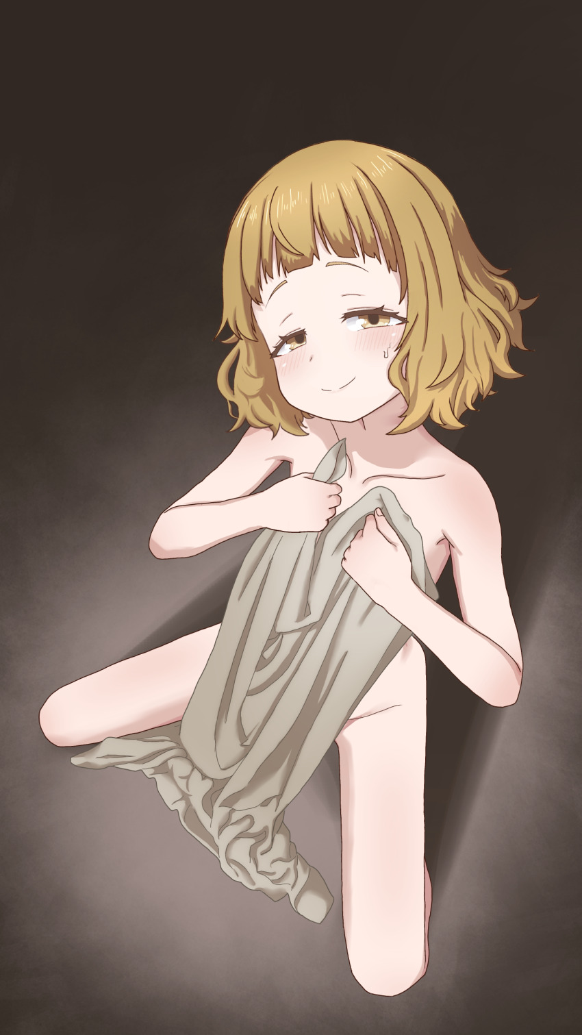 1girl absurdres black_background blonde_hair blush closed_mouth collarbone completely_nude covering_breasts covering_privates dot_nose dress eyelashes feet_out_of_frame female_focus from_above gradient_background grey_background grey_dress half-closed_eyes hands_on_own_chest highres himemiya_yuki kneeling loli looking_at_viewer looking_up manemane_nichinichi medium_hair misaia naughty_face nervous nervous_smile nervous_sweating nude simple_background smile solo sweat two-tone_background unworn_dress variant_set yellow_eyes