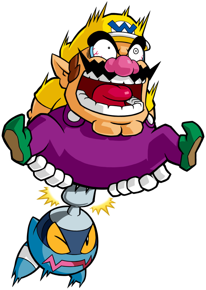 1boy absurdres brown_hair cleft_chin facial_hair gloves green_footwear hat highres mustache nintendo official_art overalls pitchfork_(wario_land) pointy_ears purple_overalls shirt shouting third-party_source wario wario_land wario_land:_shake_it! white_gloves yellow_eyes yellow_hat yellow_shirt