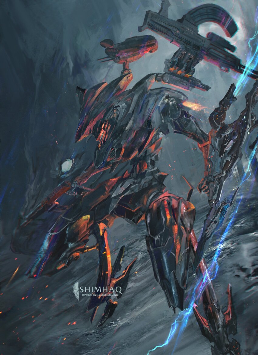 absurdres armored_core armored_core_vi:_fires_of_rubicon assault_visor double_blade energy_blade full_body gun highres holding holding_gun holding_weapon mecha mecha_focus missile_pod no_humans reverse-jointed_legs robot shimhaq solo steel_haze v.iv_rusty weapon weapon_on_back