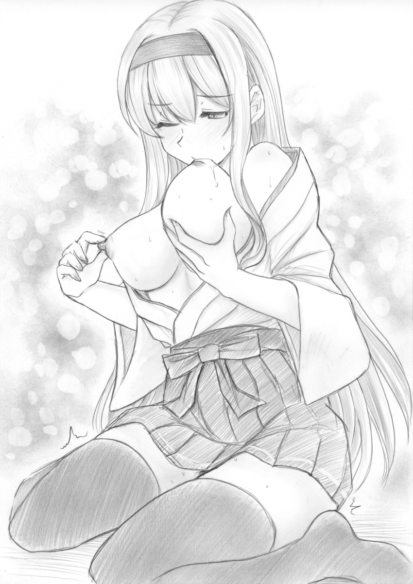 1girl breast_lift breast_sucking breasts breasts_out fd_(fd_sanmaru) female_masturbation grabbing_own_breast graphite_(medium) greyscale hair_between_eyes hakama hakama_short_skirt hakama_skirt headband highres japanese_clothes kantai_collection large_breasts licking_own_nipple long_hair masturbation monochrome nipple_stimulation nipple_tweak one_eye_closed shoukaku_(kancolle) skirt solo sucking_own_breasts thighhighs traditional_media very_long_hair