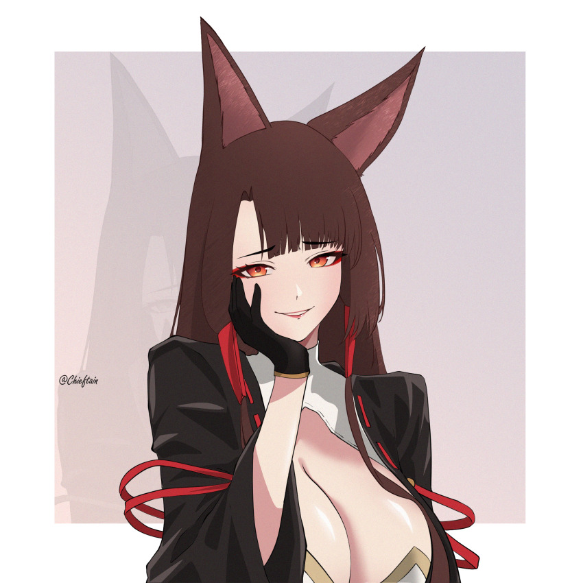 1girl akagi_(azur_lane) animal_ears artist_name azur_lane black_kimono blush border breasts brown_hair chieftain_art13 cleavage commentary english_commentary eyeliner eyeshadow fox_ears fox_girl gloves grey_background grin hair_tubes hand_on_own_cheek hand_on_own_face hand_up highres japanese_clothes kimono large_breasts lips long_hair looking_at_viewer makeup open_mouth outside_border red_eyes red_eyeshadow simple_background smile solo upper_body white_border wide_sleeves zoom_layer