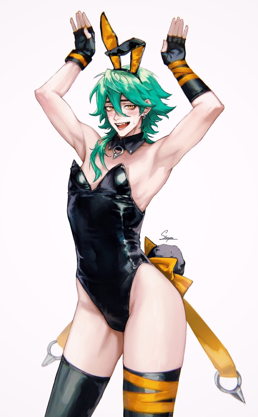 1boy :d alternate_costume animal_ears armpits arms_up black_gloves black_leotard black_thighhighs covered_navel detached_collar earrings ezreal fake_animal_ears fake_tail fingerless_gloves gloves green_hair heartsteel_ezreal highres jewelry league_of_legends leotard long_hair open_mouth rabbit_ears rabbit_tail smile solo staryoruu tail teeth thighhighs