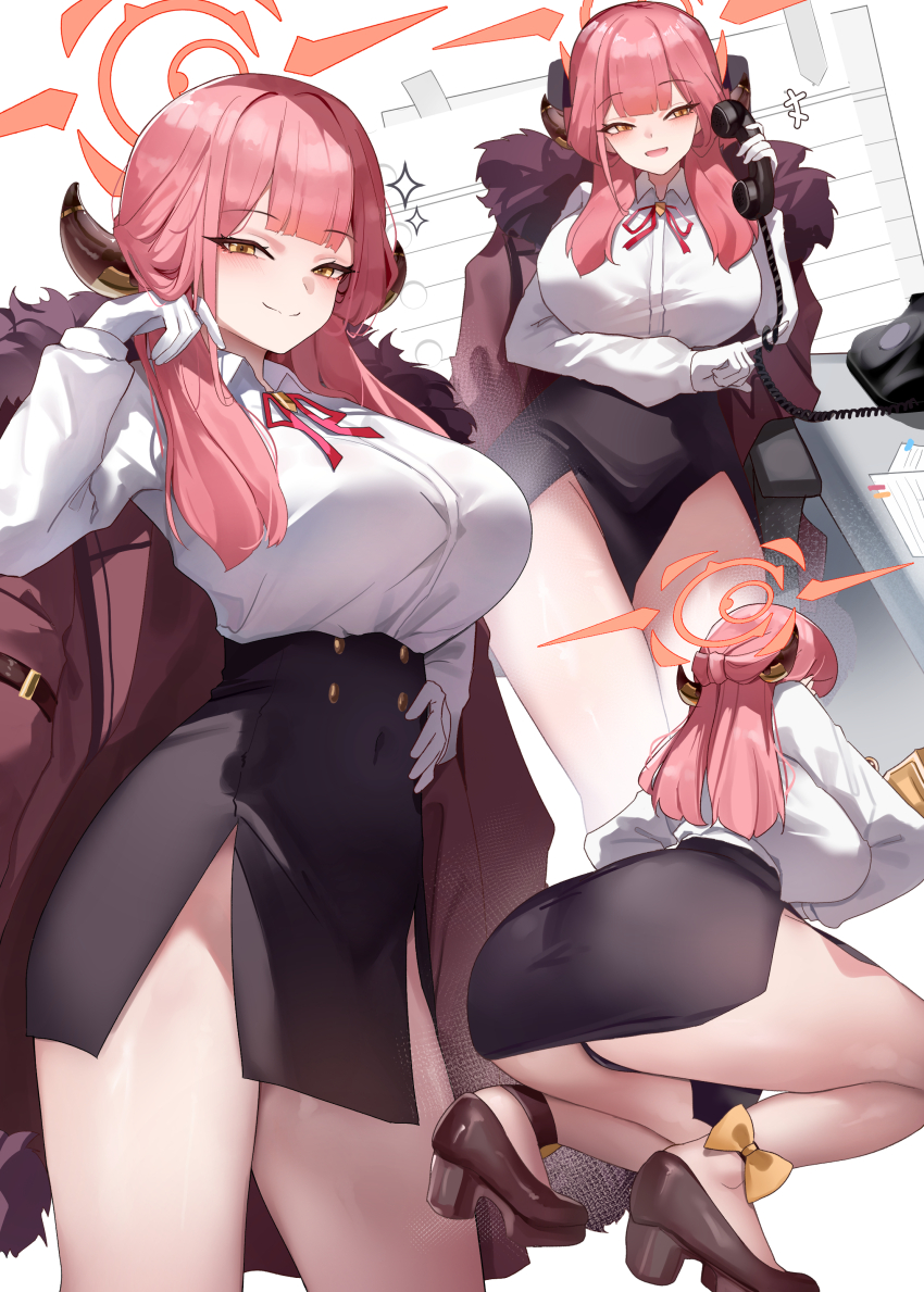 1girl absurdres antique_phone aru_(blue_archive) ass black_panties black_skirt blue_archive blush breasts brown_coat coat coat_on_shoulders commentary_request demon_girl demon_horns donggua_bing_cha fur-trimmed_coat fur_trim gloves halo hand_on_own_hip highres holding holding_phone horns large_breasts long_sleeves multiple_views open_mouth orange_halo panties phone pink_hair skirt smile squatting underwear white_gloves