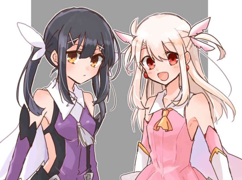 2girls :/ :d arms_at_sides backless_leotard bare_shoulders black_hair blonde_hair cape detached_sleeves dress elbow_gloves expressionless fate/kaleid_liner_prisma_illya fate_(series) feather_hair_ornament feathers gloves grey_background hair_ornament illyasviel_von_einzbern leotard long_hair looking_at_viewer magical_girl miyu_edelfelt miyu_edelfelt_(magical_girl) multiple_girls open_mouth outside_border pillarboxed pink_dress pink_sleeves prisma_illya purple_leotard purple_sleeves red_eyes saihara sleeveless sleeveless_dress smile twintails upper_body white_cape white_gloves x_hair_ornament yellow_eyes