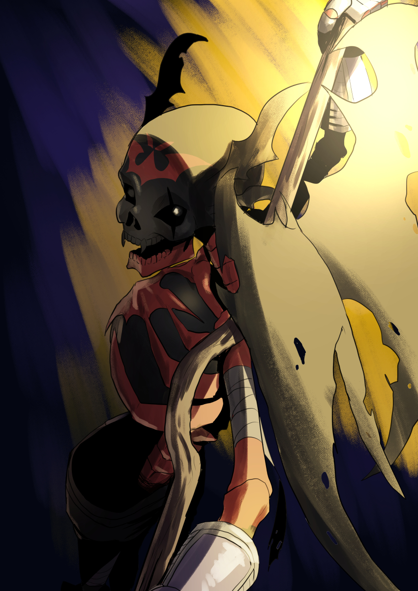 absurdres demon digimon highres mark_of_evil scar skull skullsatamon staff wings