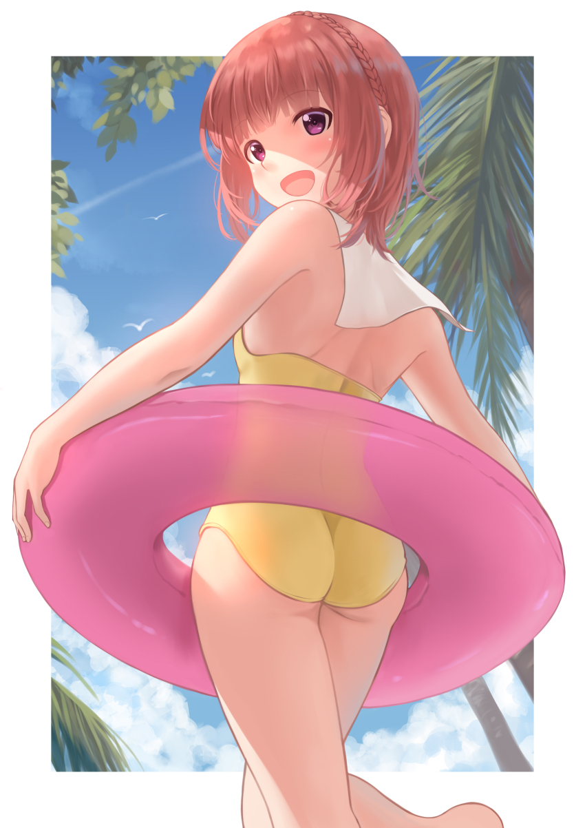 1girl absurdres aikawa_aika alice_gear_aegis ass blue_sky brown_eyes brown_hair casual_one-piece_swimsuit cloud cowboy_shot from_below highres innertube kanogawa_hiro looking_at_viewer looking_back one-piece_swimsuit open_mouth palm_tree sailor_collar short_hair sky solo swim_ring swimsuit tree white_sailor_collar yellow_one-piece_swimsuit