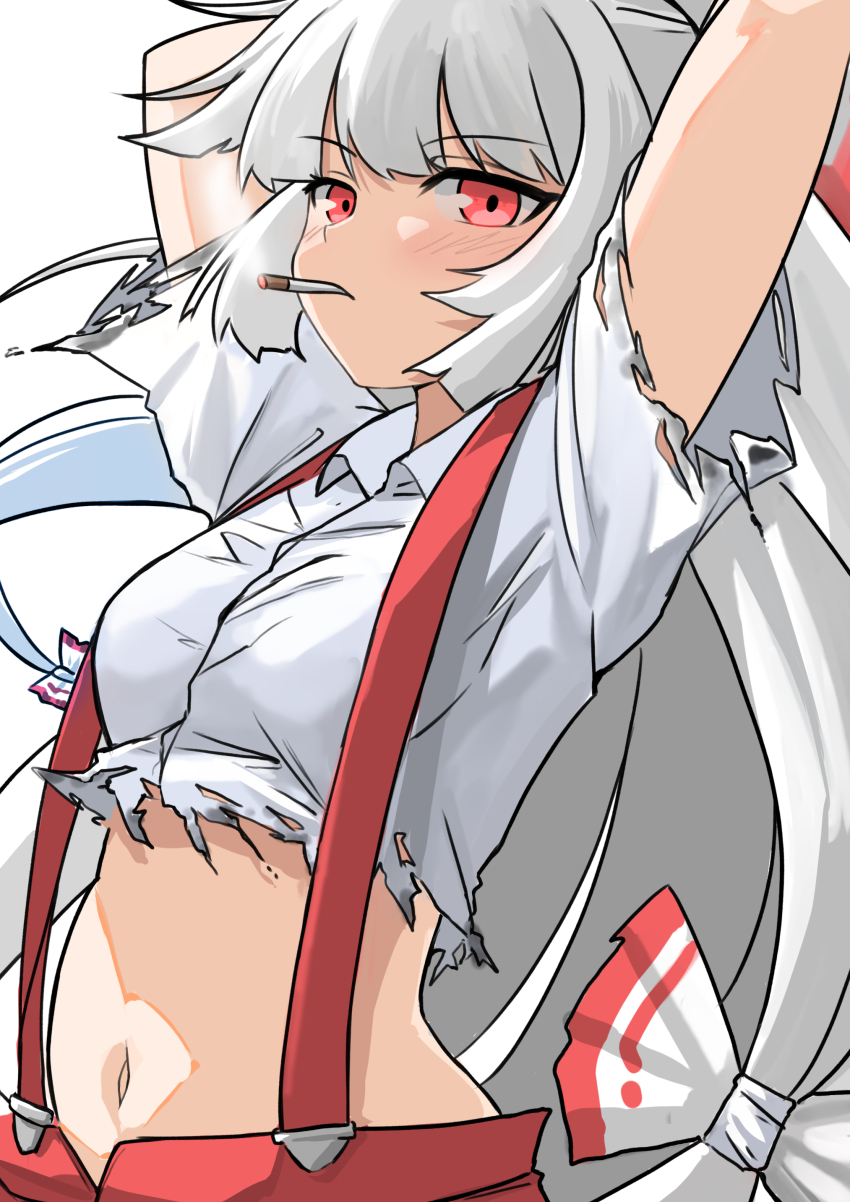 1girl absurdres arms_up blunt_bangs burnt_clothes collared_shirt commentary_request fujiwara_no_mokou highres long_hair looking_at_viewer midriff navel pants red_hair red_pants red_suspenders shirt short_sleeves simple_background smoking solo stomach suspenders torn_clothes touhou very_long_hair white_background white_hair white_shirt yuuka_(a0240765)