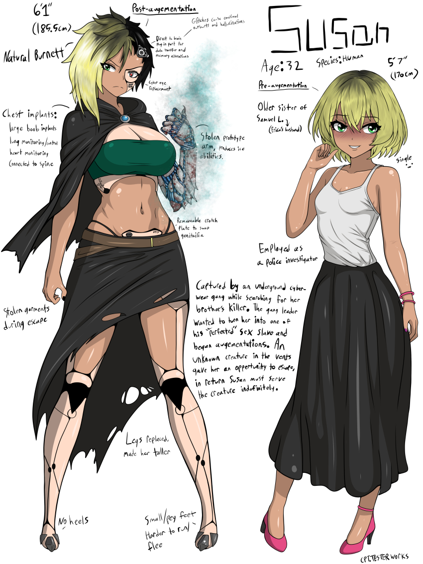 absurdres before_and_after black_hair blonde_hair bracelet breasts cape reference_sheet cpt.tester_works cyborg dark-skinned_female dark_skin dress hair_between_eyes high_heels highres jewelry large_breasts mechanical_arms mechanical_legs midriff multicolored_hair robot_eye short_hair single_mechanical_arm skirt small_breasts strapless susan_(cpt.tester) tattered_clothes torn_cape torn_clothes tube_top