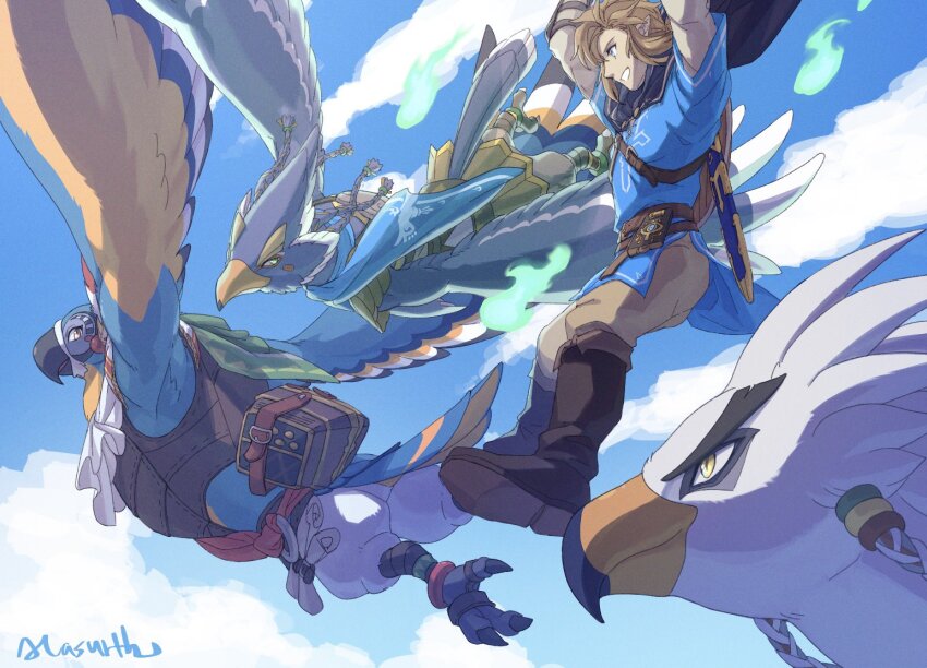 4boys aircraft bird_boy bird_wings blonde_hair blue_sky chinese_commentary cloud cloudy_sky commentary_request feathered_wings feathers furry furry_male ghost glider gliding kass link looking_at_another male_focus meganemido multiple_boys nintendo revali signature sky smile teba_(zelda) the_legend_of_zelda wings