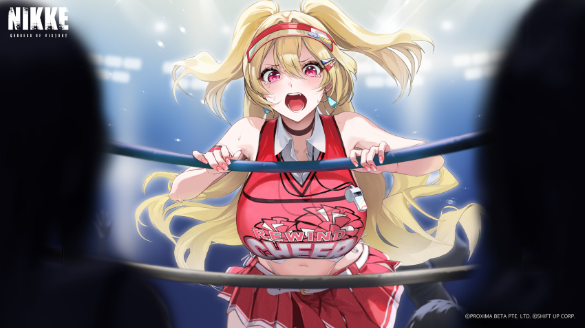 2others 3girls absurdres black_choker blonde_hair boxing_ring breasts cheerleader choker clay_(nikke) collared_shirt crop_top cropped crying crying_with_eyes_open frown goddess_of_victory:_nikke hair_between_eyes highres indoors large_breasts light_blush long_hair looking_at_viewer milk_(nikke) miniskirt multiple_girls multiple_others navel official_art open_mouth pink_eyes pink_nails pleated_skirt red_shirt red_skirt shirt short_twintails sidelocks skirt sleeveless sleeveless_shirt solo standing tears teeth tongue twintails visor_cap